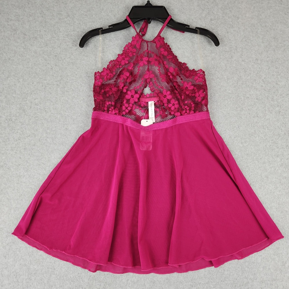 NWT Coquette Babydoll Women's OS Raspberry‎ Pink Halter Lace Intimate Nighty